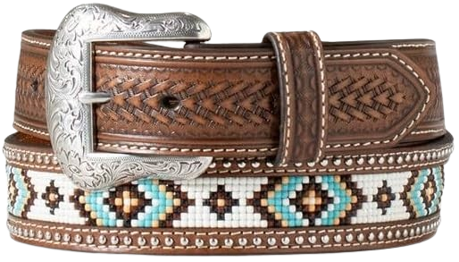 Western Belt Mens Beaded Inlay Engraved 40 Brown